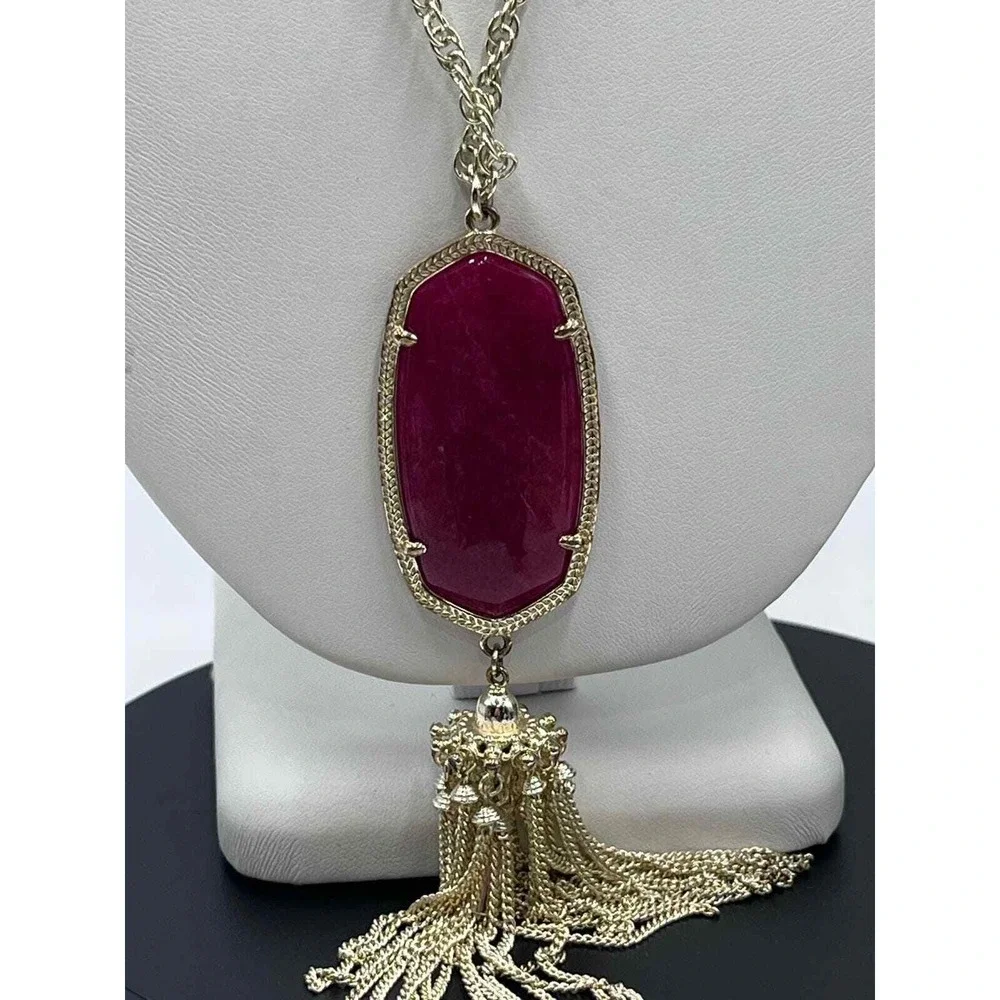 Kendra Scott Rayne Magenta Maroon Jade Tassel‎ Gold Plated Long Necklace